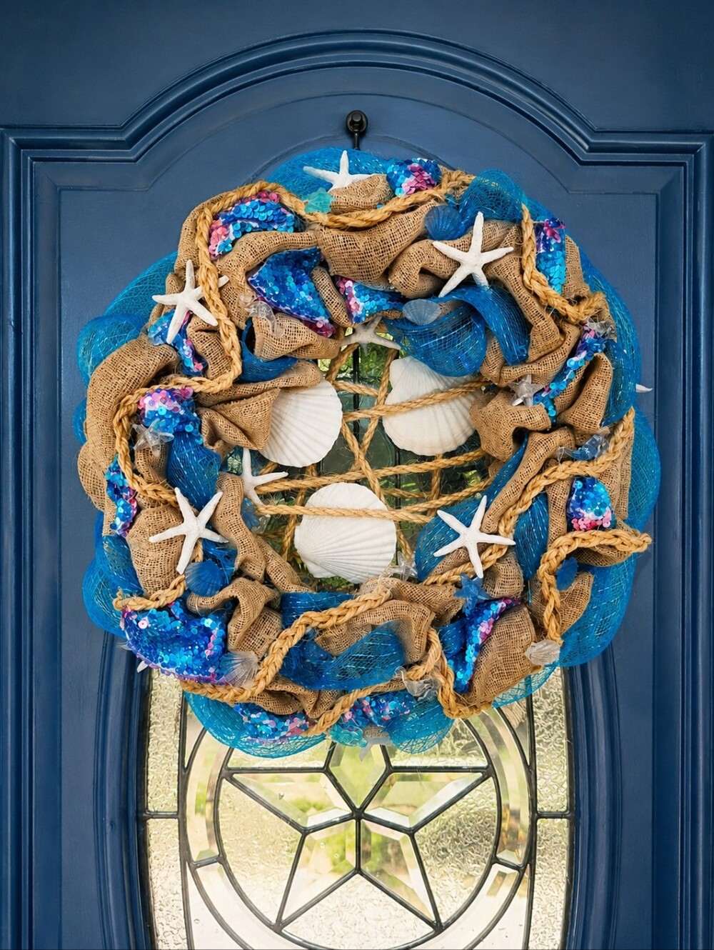 Coastal Seashell Wreath with Blue Mesh & Burlap